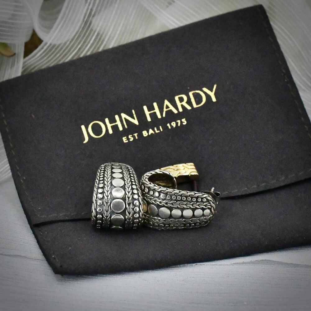 John Hardy 925 Sterling Silver Dot Classic Chain J-Hoop Earrings Set 11.27g
